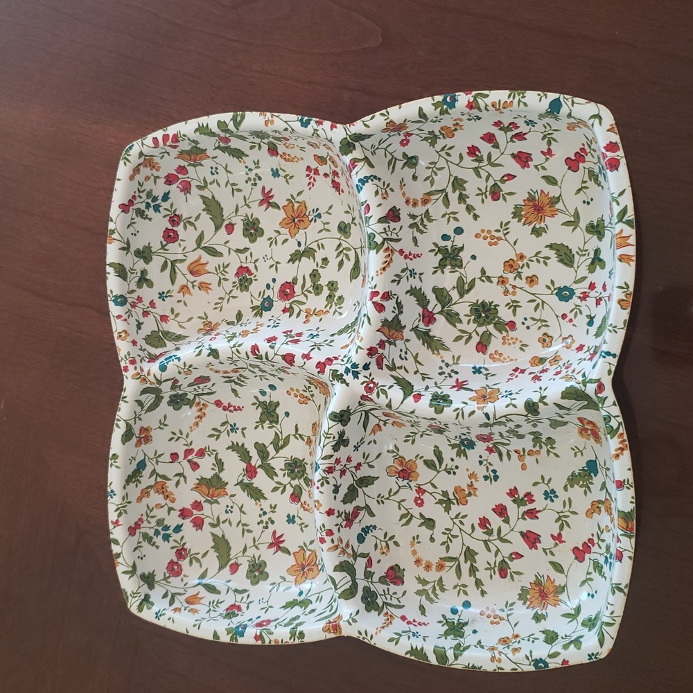 Vintage Plastic Serving Dish- 4 Sections- Floral Pattern